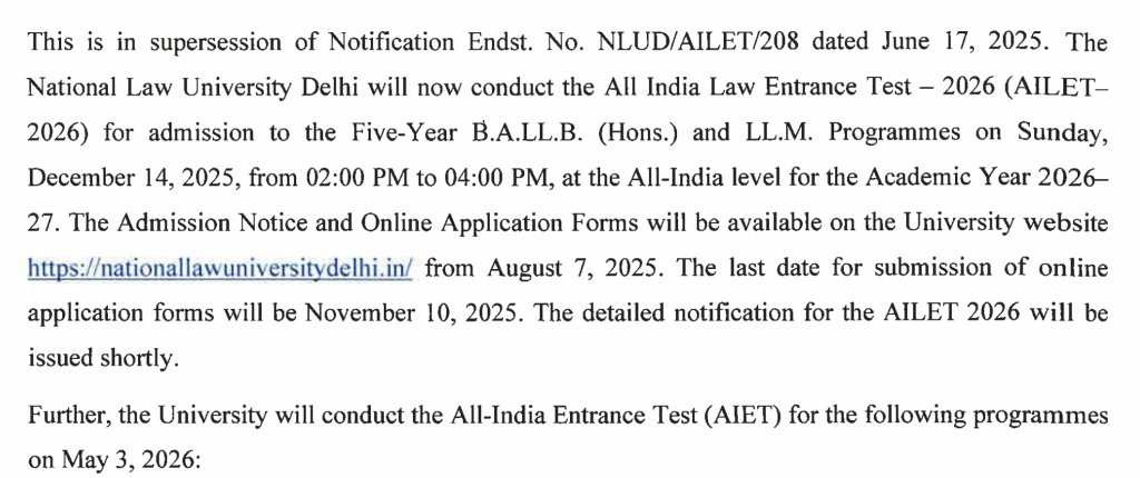 AILET 2026 Exam Date (Revised)